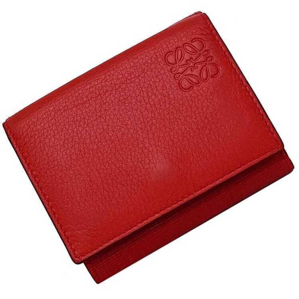 Loewe Trifold Wallet Anagram Leather Grain Compact Folding Coin Purse Soft Red